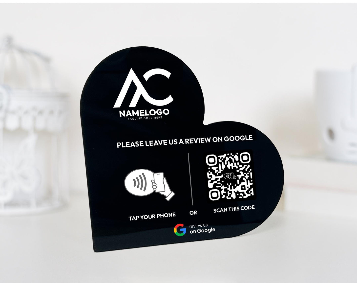 Heart-Shaped Google Review Plaque: NFC Tap & QR Code Sign