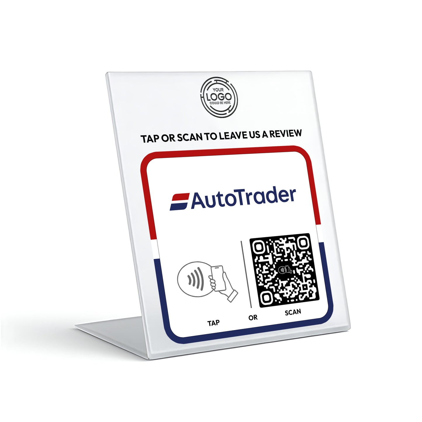 a sign for an AutoTrader app, which allows users to leave reviews. The sign provides instructions for users to tap or scan to leave a review, and includes a QR code for users to scan for more information.