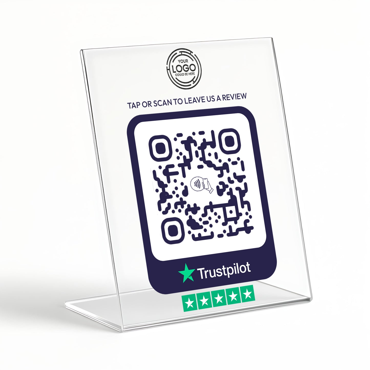 a QR code with a Trustpilot rating sticker below it.