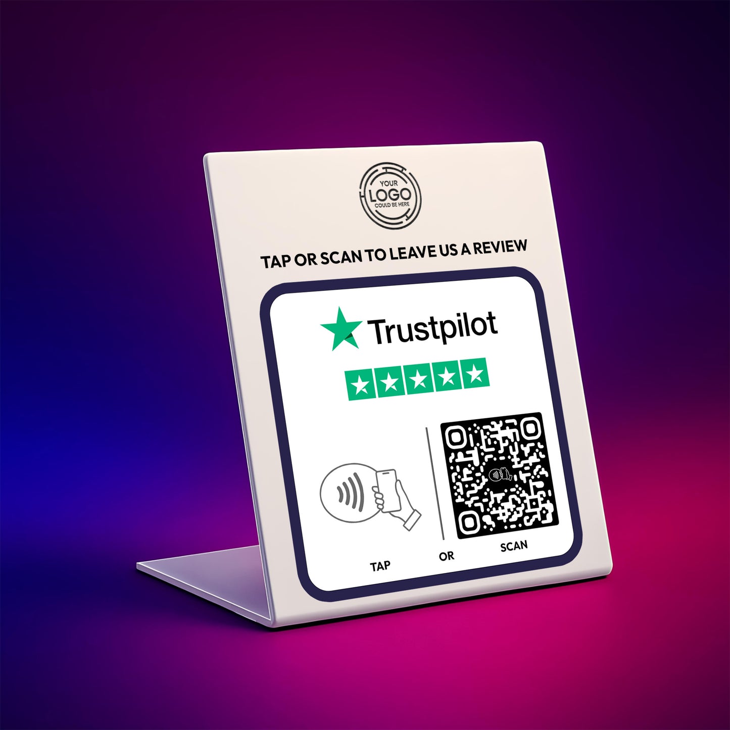 a sign with instructions for leaving a review on a Trustpilot platform. The sign includes a QR code and a star rating symbol, indicating that the review is five stars. The sign also provides instructions for either "Tapping" or " Scanning" to leave a review, suggesting that the user can either physically tap or scan the sign to leave feedback.