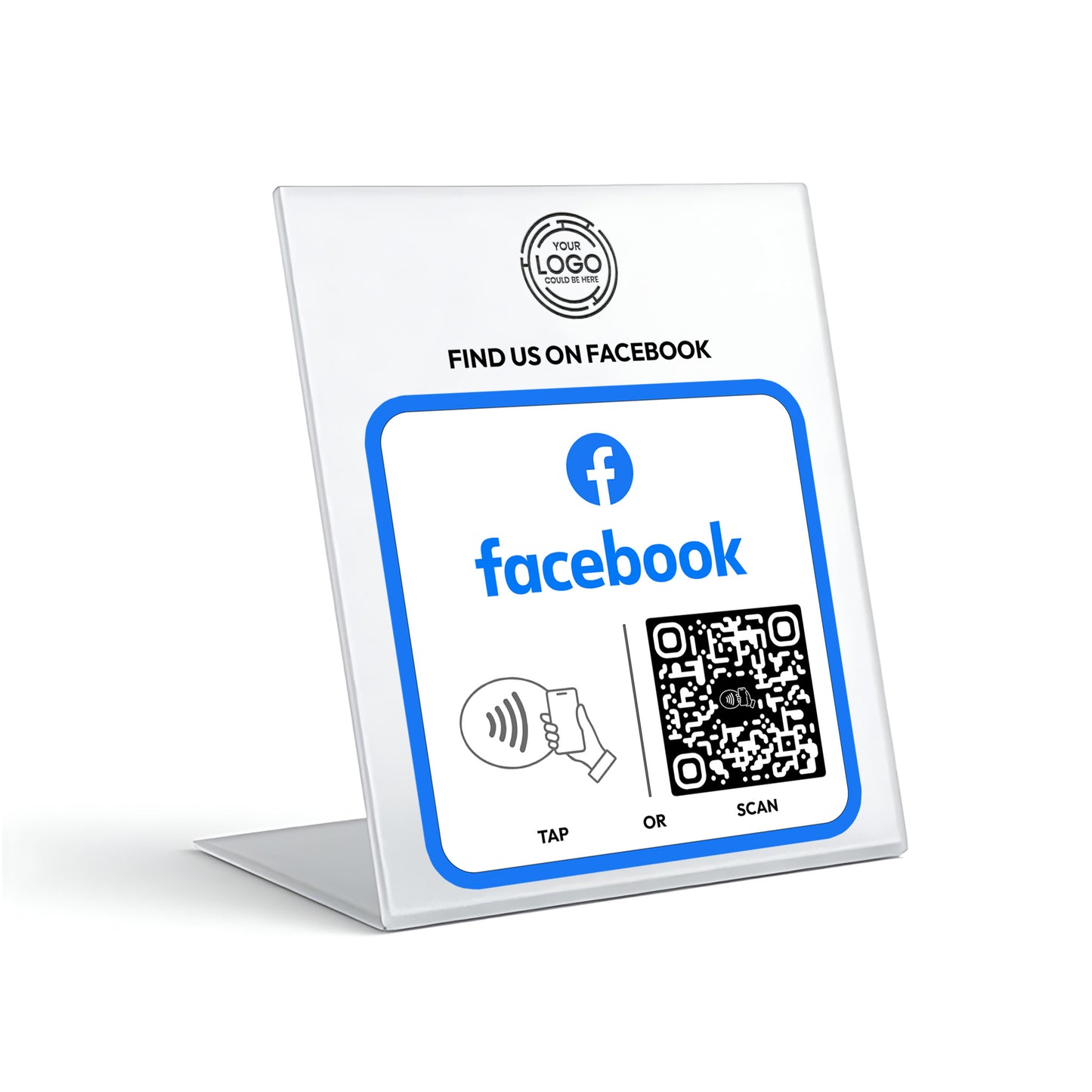 a sign with instructions for using Facebook, including a Facebook logo, a QR code, and a hand gesture.