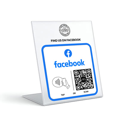 a sign with instructions for using Facebook, including a Facebook logo, a QR code, and a hand gesture.