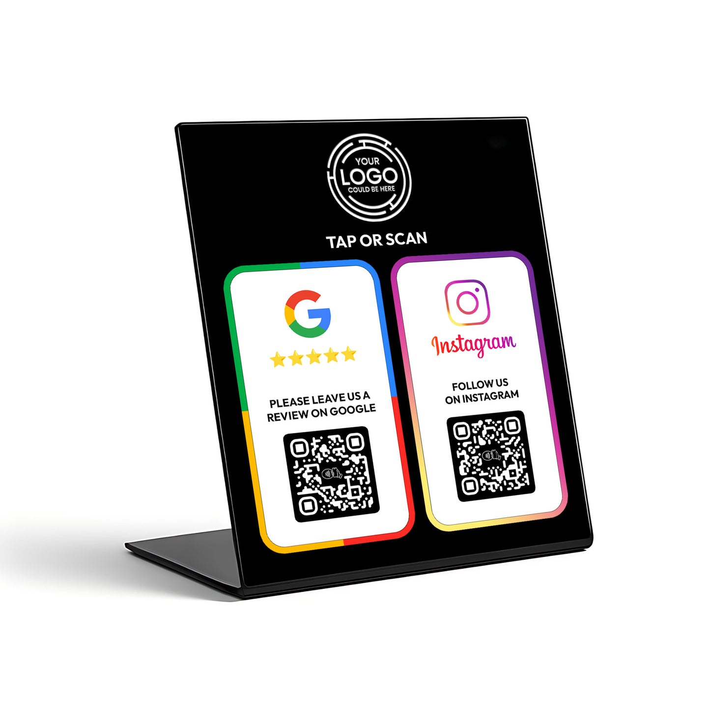 a black sign with instructions for using QR codes, including instructions for using Google and Instagram.