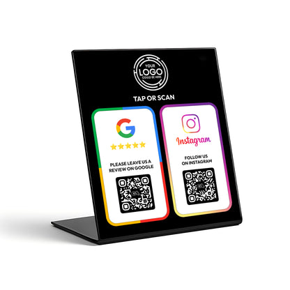 a black sign with instructions for using QR codes, including instructions for using Google and Instagram.