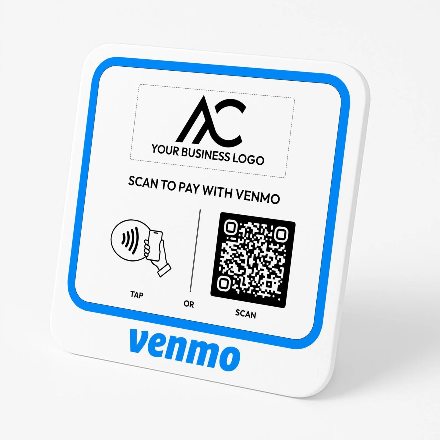 a sign with a QR code and instructions for scanning a business logo.