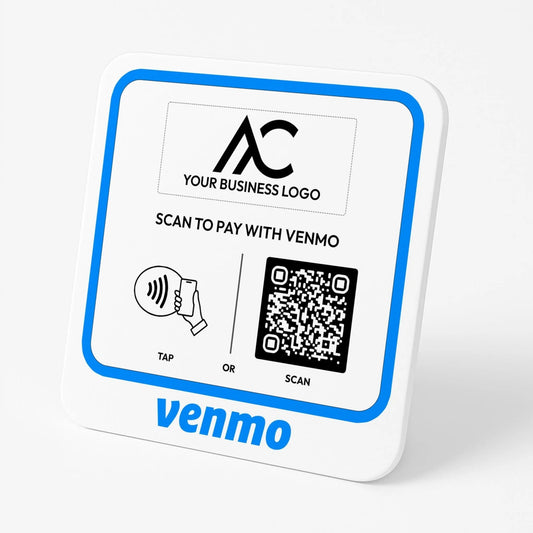 a sign with a QR code and instructions for scanning a business logo.