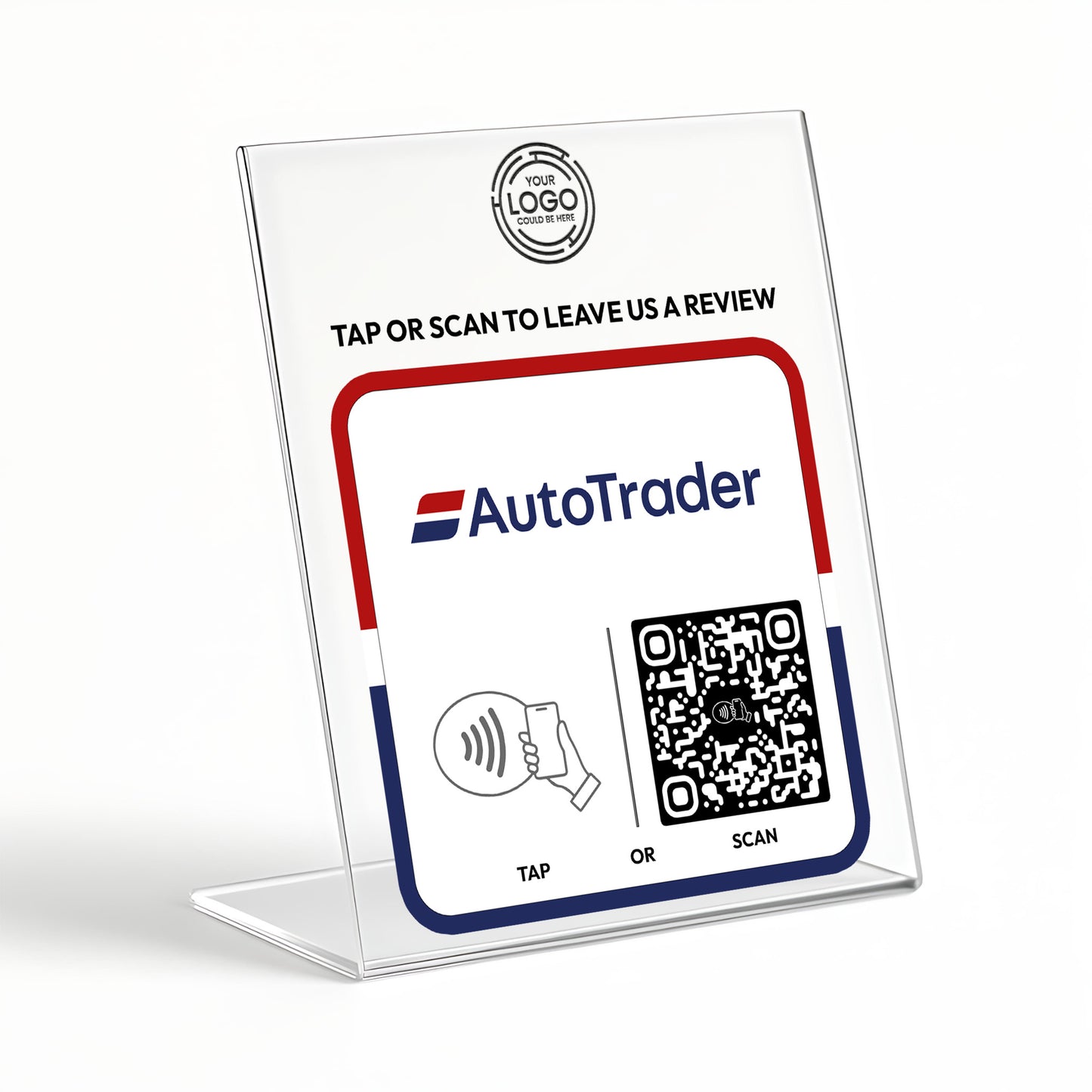 a clear plastic stand with a red and blue logo, a QR code, and instructions for using the AutoTrader service.