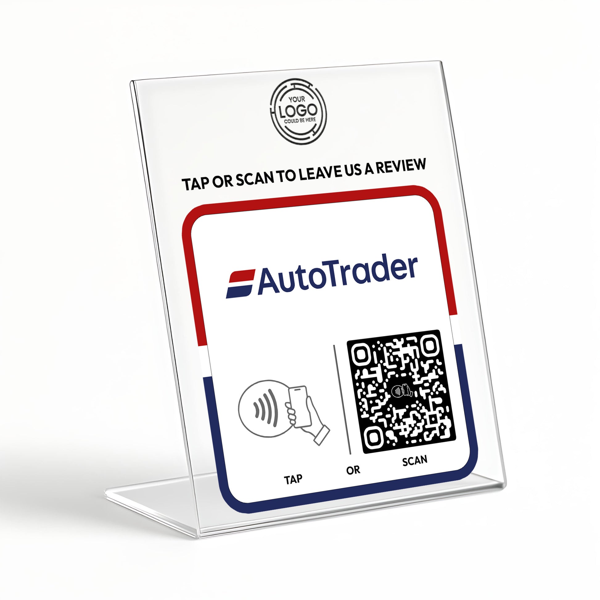 a clear plastic stand with a red and blue logo, a QR code, and instructions for using the AutoTrader service.