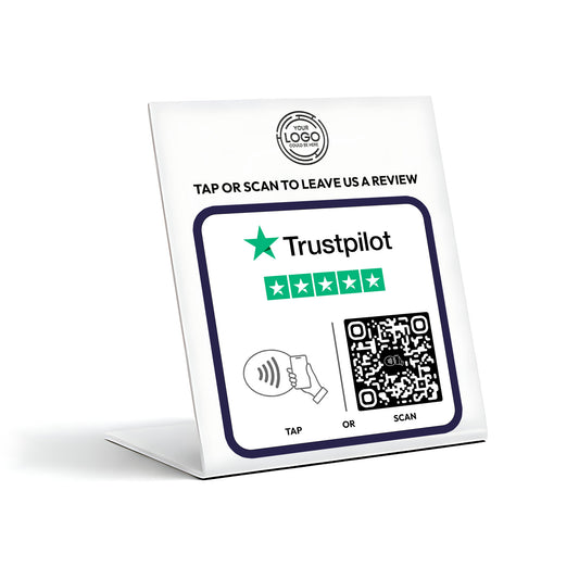 a sign with instructions for leaving a review on a platform called Trustpilot. The sign includes a QR code and a star rating symbol, indicating that the review is currently being rated by users.