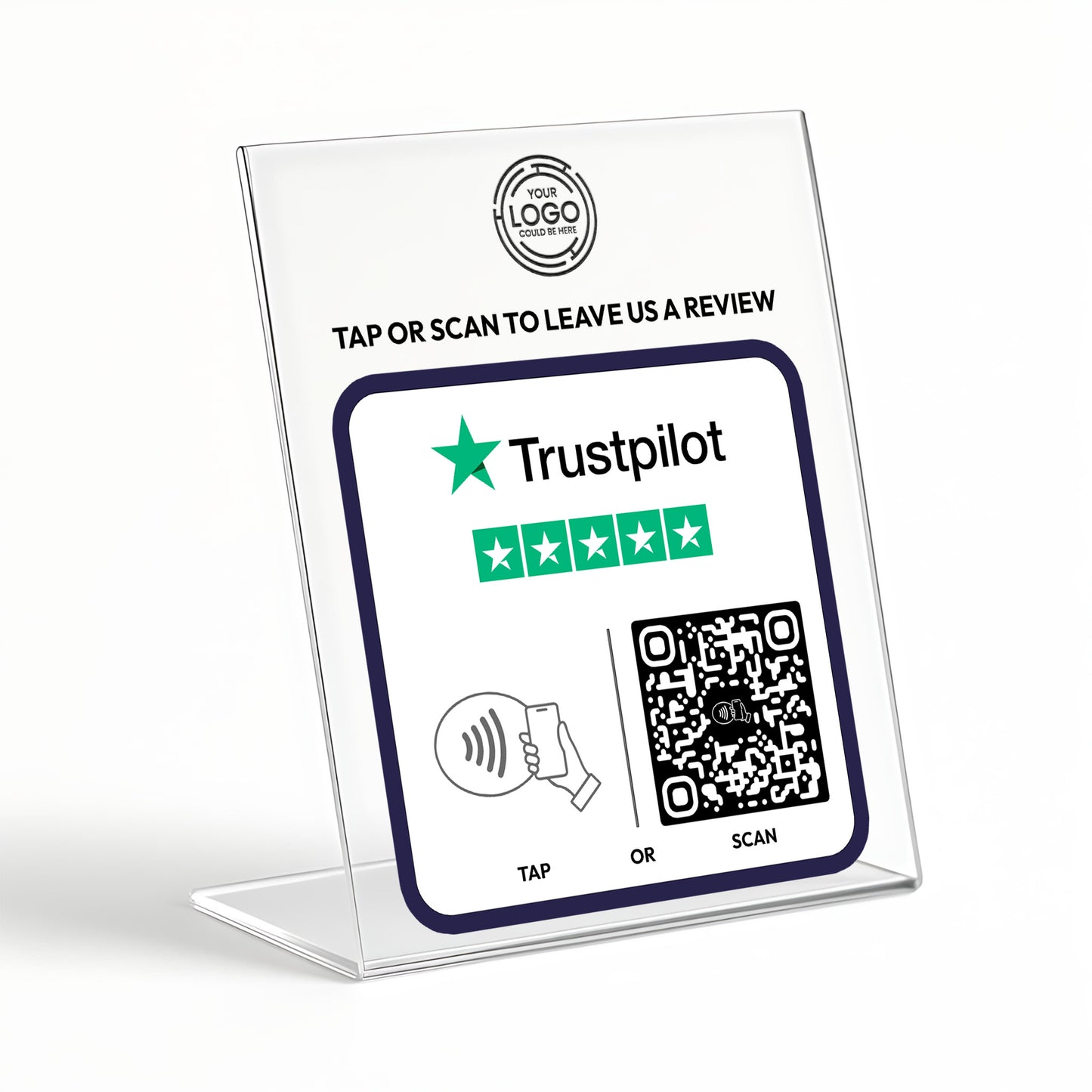 a sign that encourages customers to leave reviews for a business, specifically a Trustpilot service. The sign includes a QR code and a star rating symbol, indicating that the reviews are positive and have been rated highly.