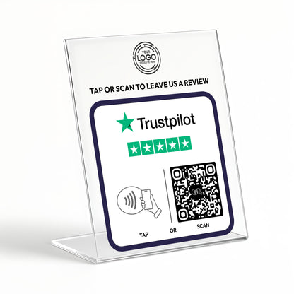 a sign that encourages customers to leave reviews for a business, specifically a Trustpilot service. The sign includes a QR code and a star rating symbol, indicating that the reviews are positive and have been rated highly.