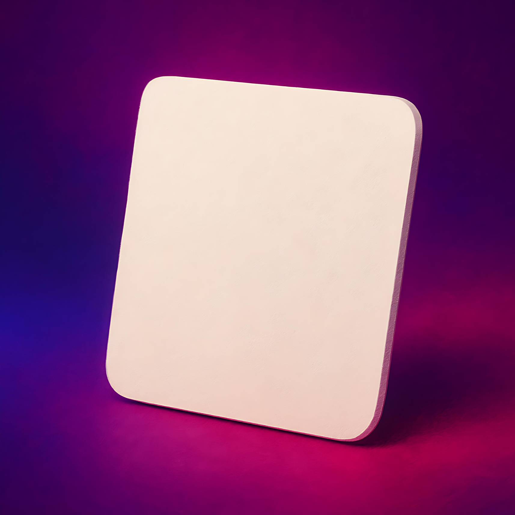 A white square object is standing upright on a purple background.