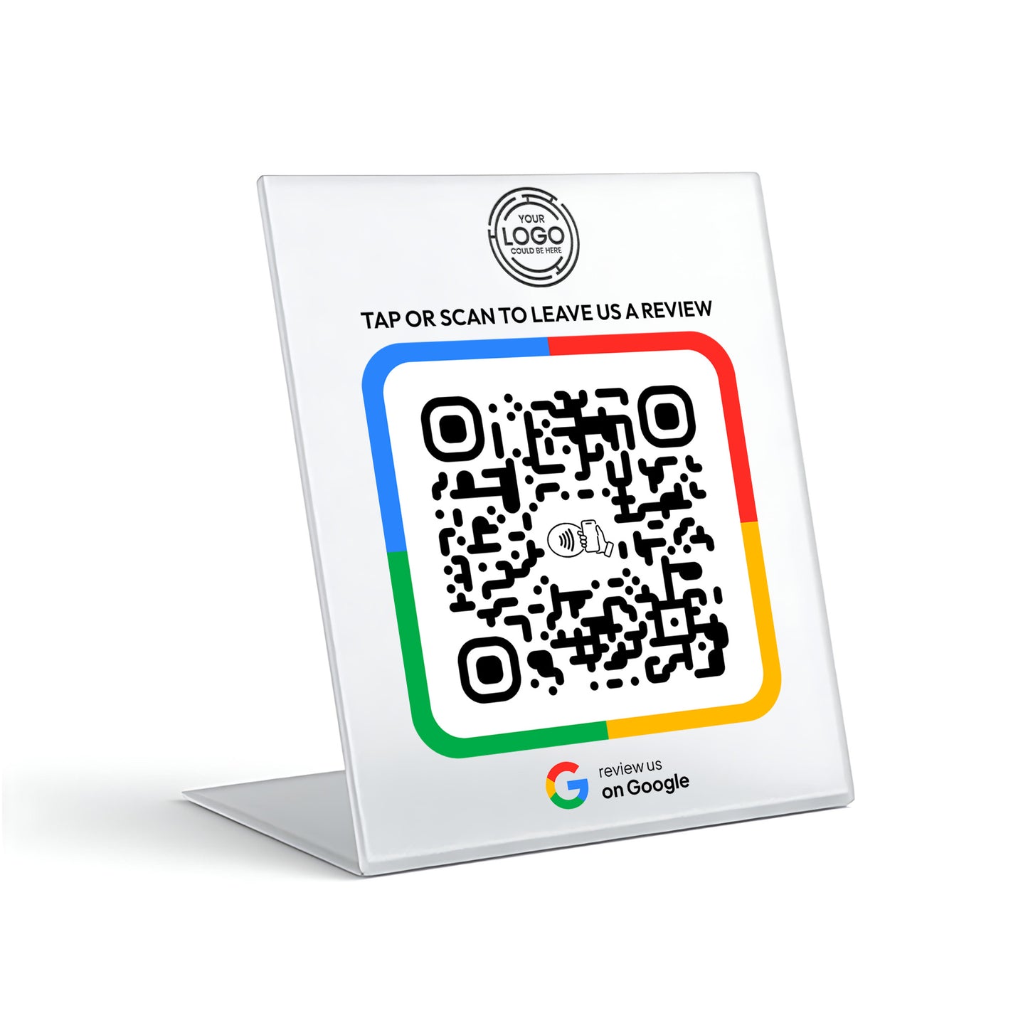 a QR code on a stand, which is a common method for users to leave reviews or provide feedback.
