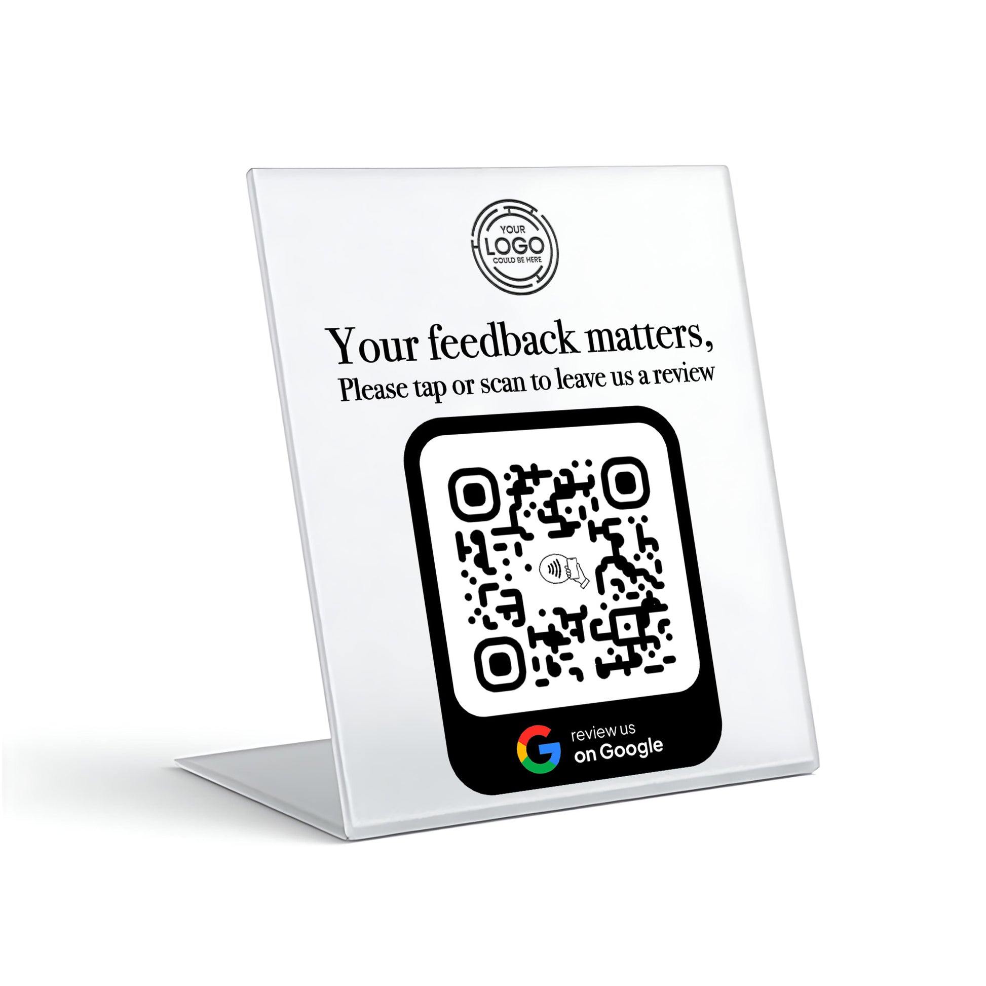 a sign with instructions for leaving feedback, including a QR code for a review system.