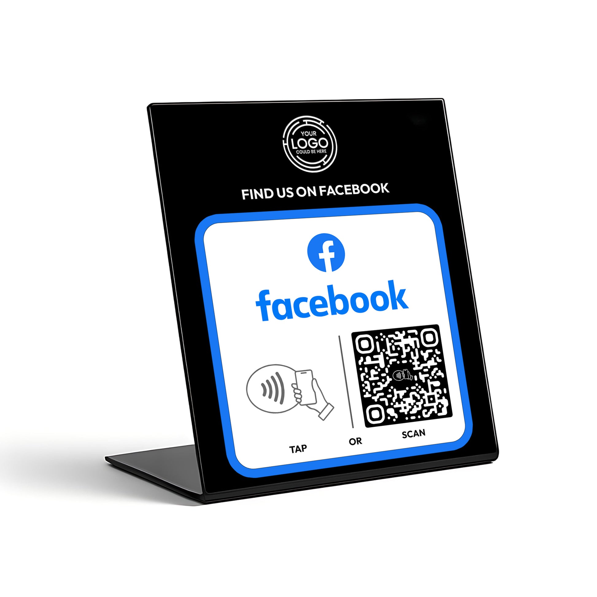 a black sign with a Facebook logo and a QR code, along with instructions for using the Facebook service.