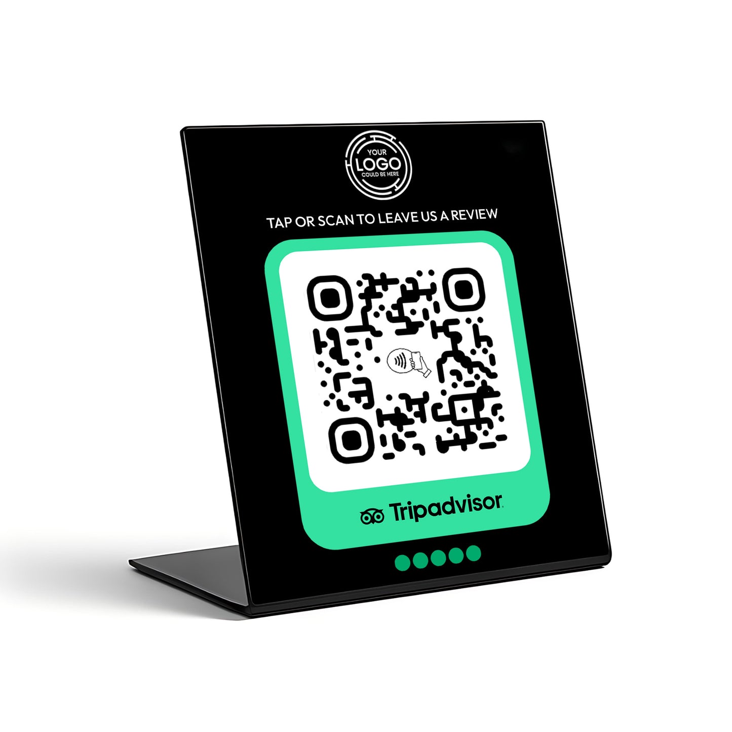 a black stand with a QR code on it, which appears to be a promotional or review-related sign.