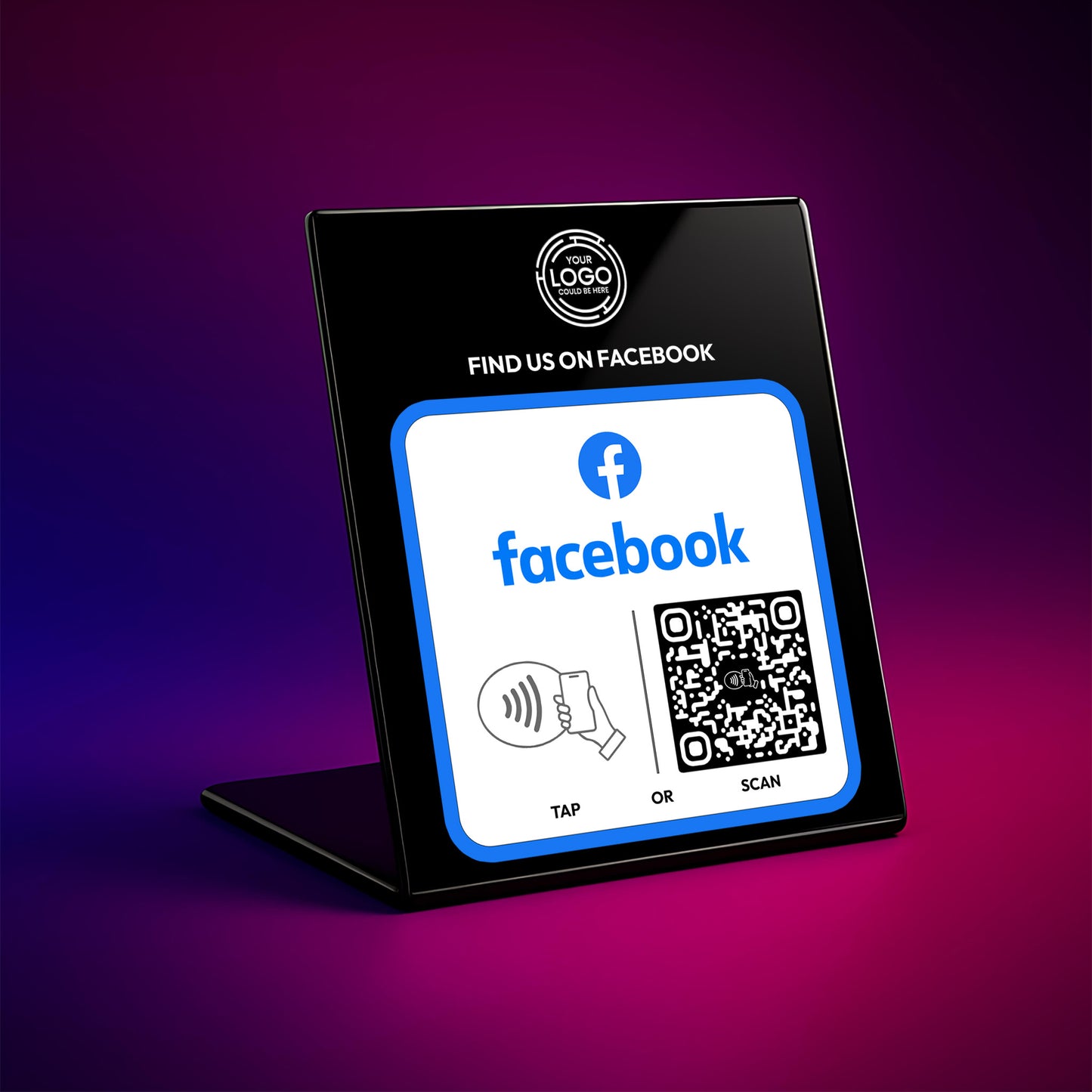 a black sign with a Facebook logo and a QR code, along with instructions for using the Facebook service.