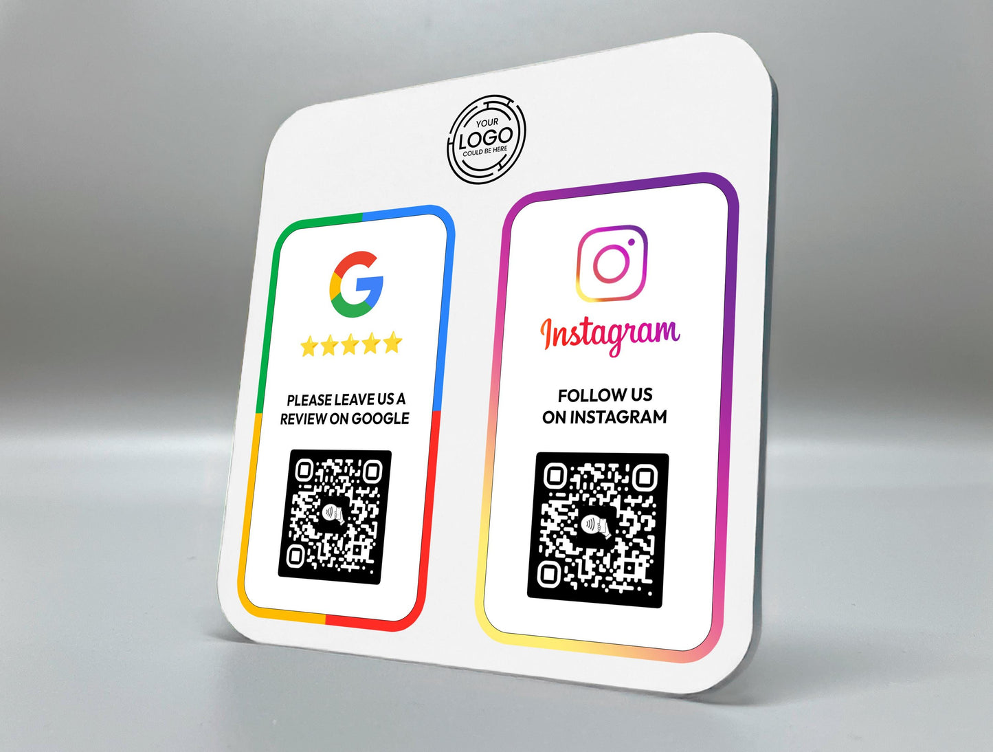 Modern reception desk setup featuring a custom acrylic multi-link review sign for collecting Google, Facebook, and Instagram reviews