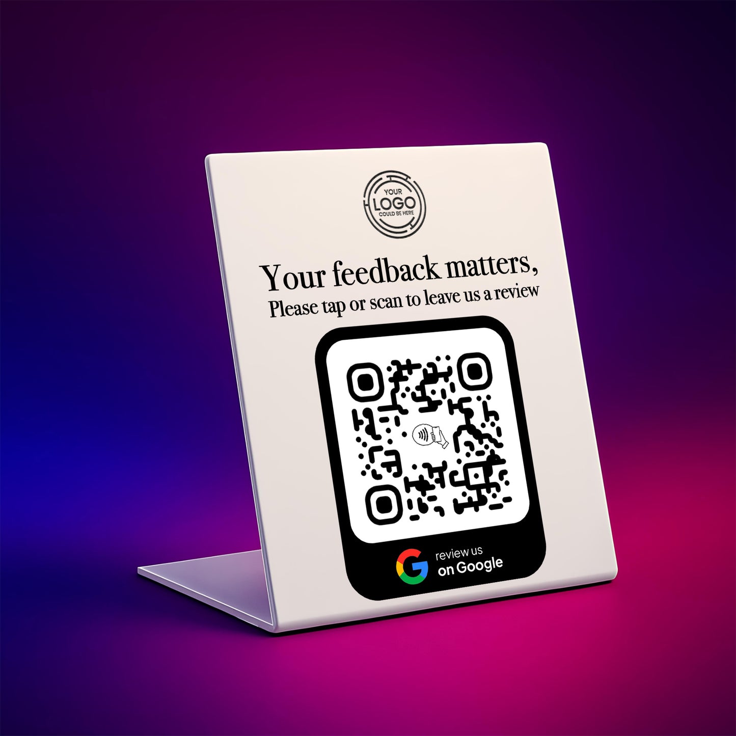 a white sign with a QR code on it, placed on a purple background.