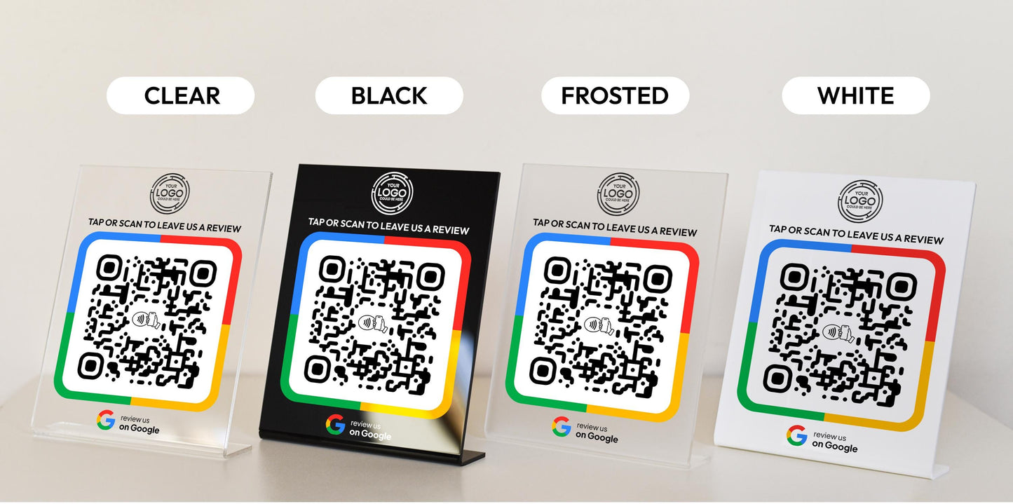 Four acrylic color variations of the Custom Google Review Plaque – Available in black, white, clear, and frosted finishes.