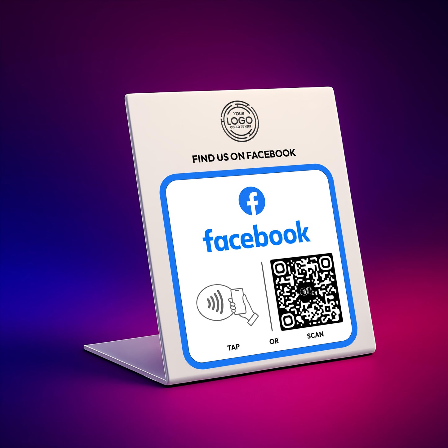 a sign with instructions for using Facebook, including a Facebook logo, a QR code, and instructions for tapping or scanning.