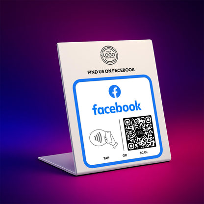 a sign with instructions for using Facebook, including a Facebook logo, a QR code, and instructions for tapping or scanning.