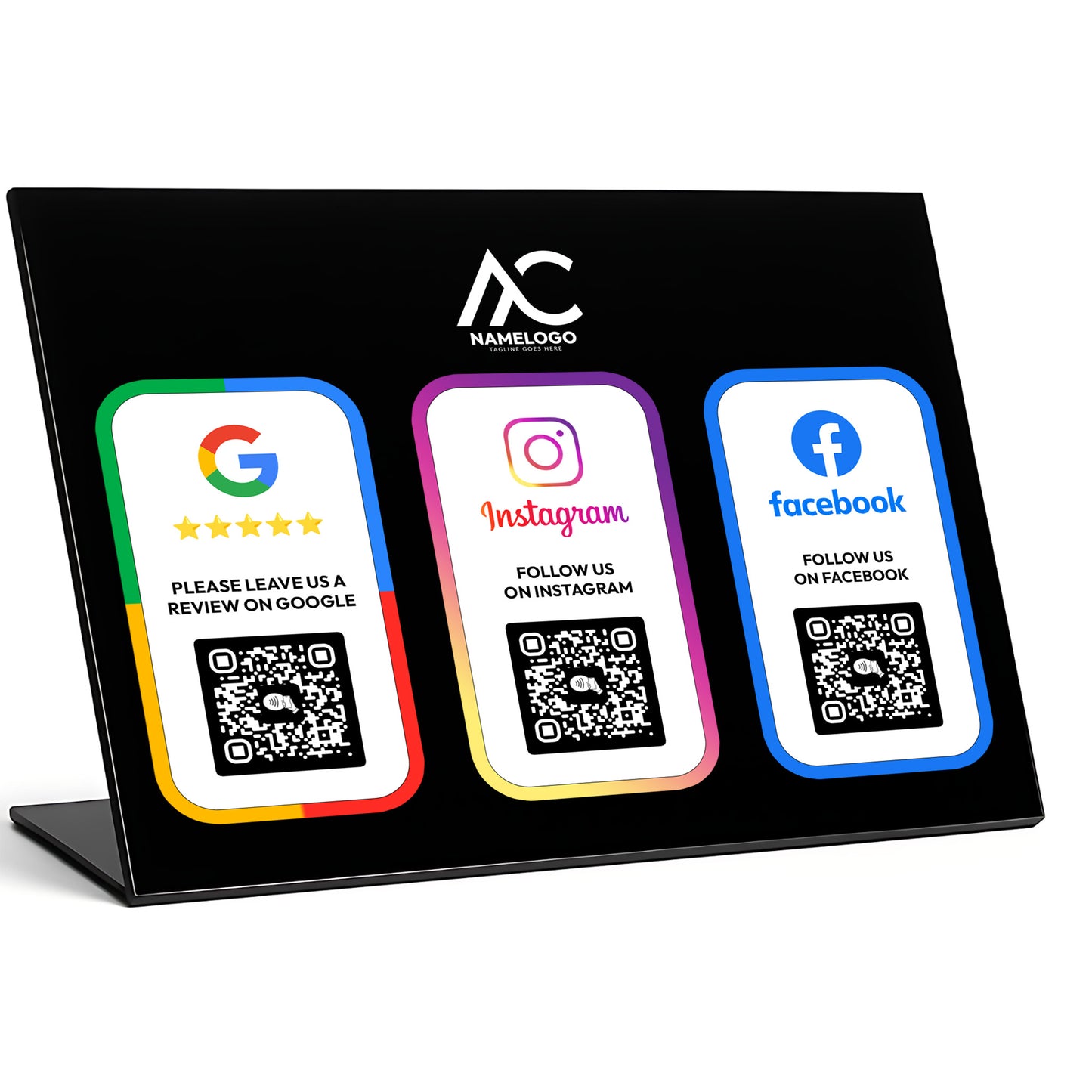 a black sign with three QR codes and instructions for users to follow on different social media platforms.