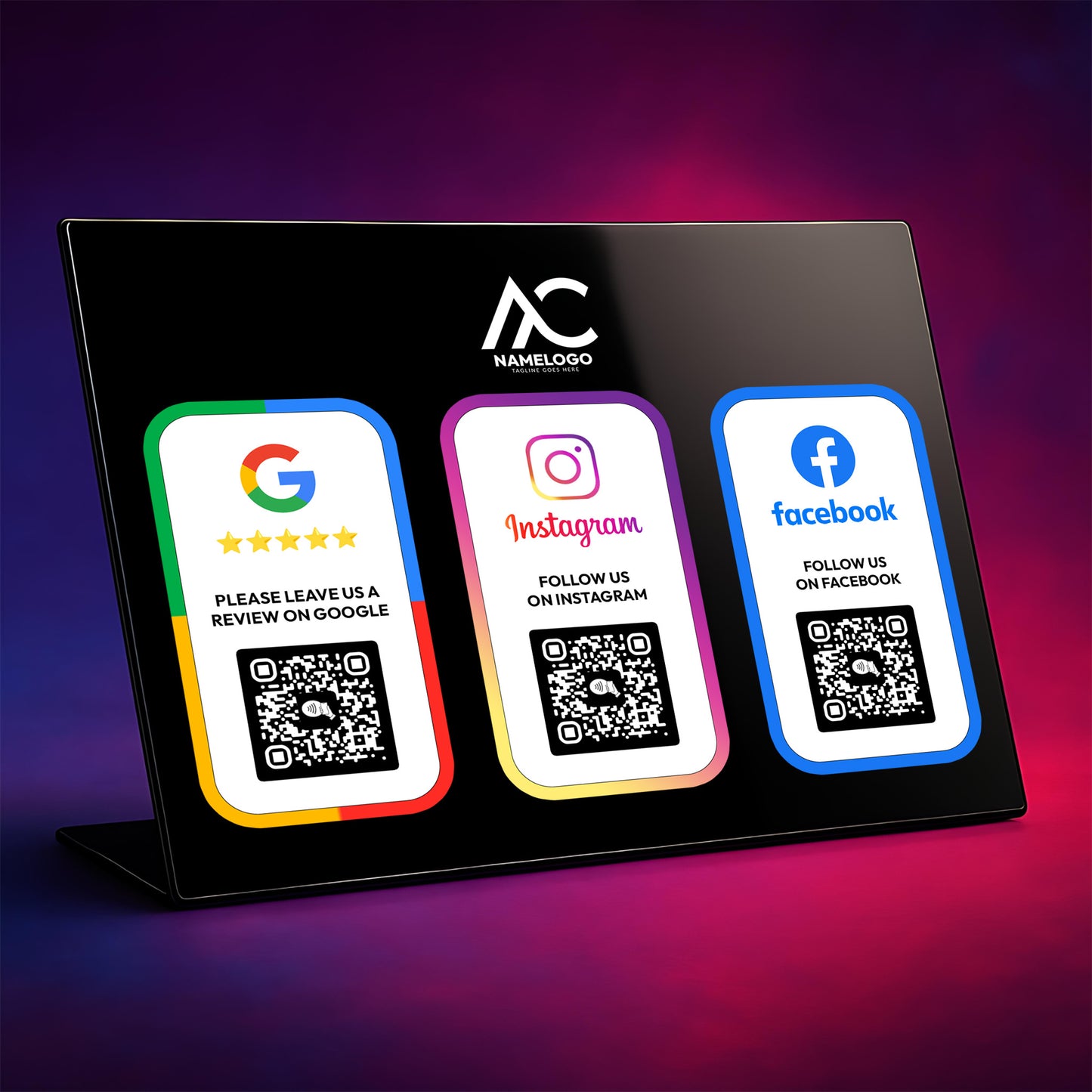 a display with three QR codes and three social media logos, including Google, Instagram, and Facebook, arranged in a row.
