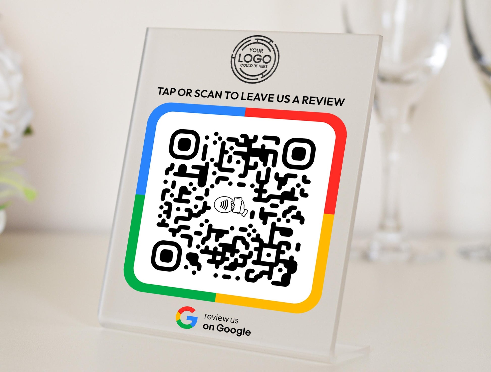 Google Review Sign displayed at a reception desk – A customer taps their phone to leave a review instantly. Perfect for cafes, retail stores, and service businesses.