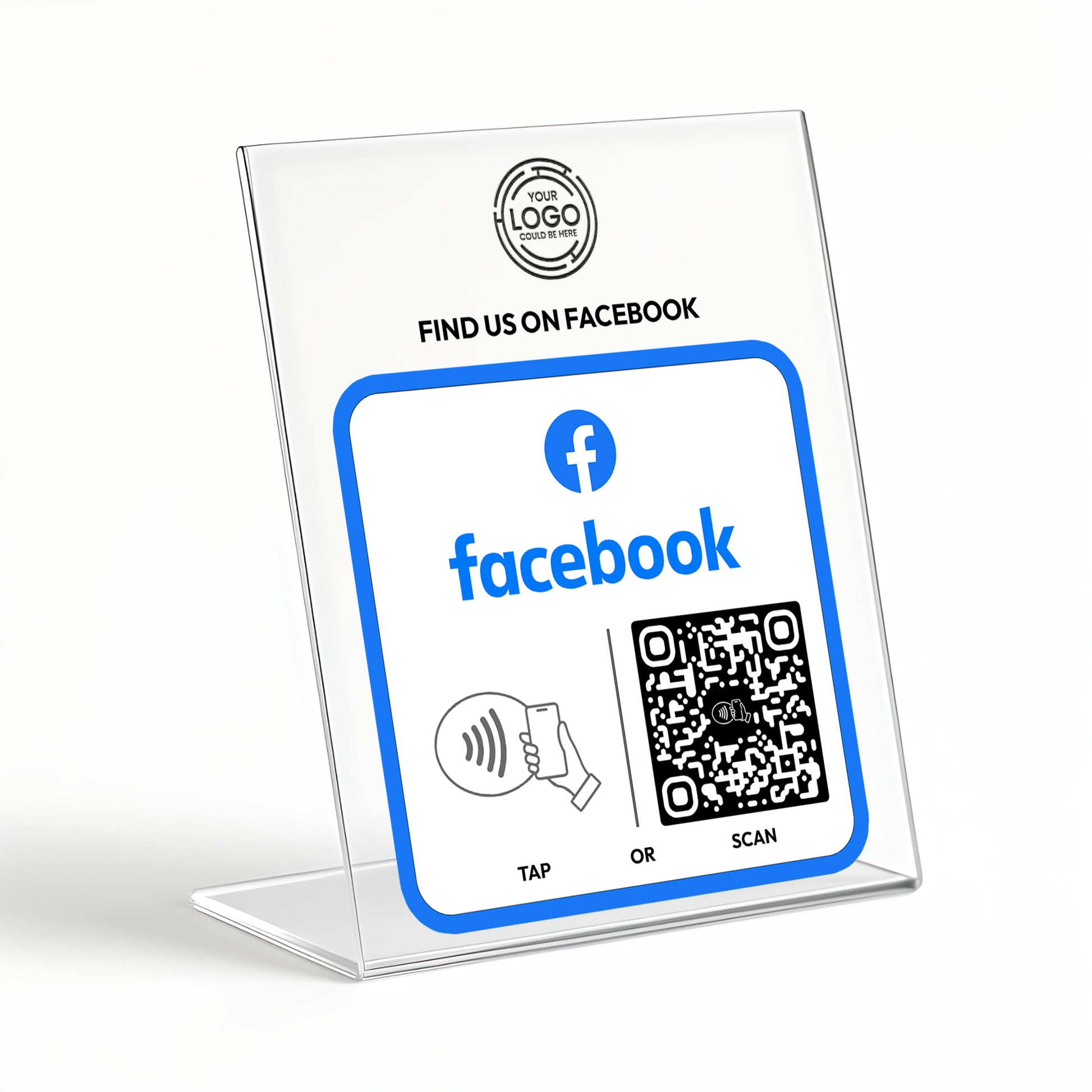 a sign with instructions for using Facebook, including a QR code and a hand gesture for tapping or scanning.