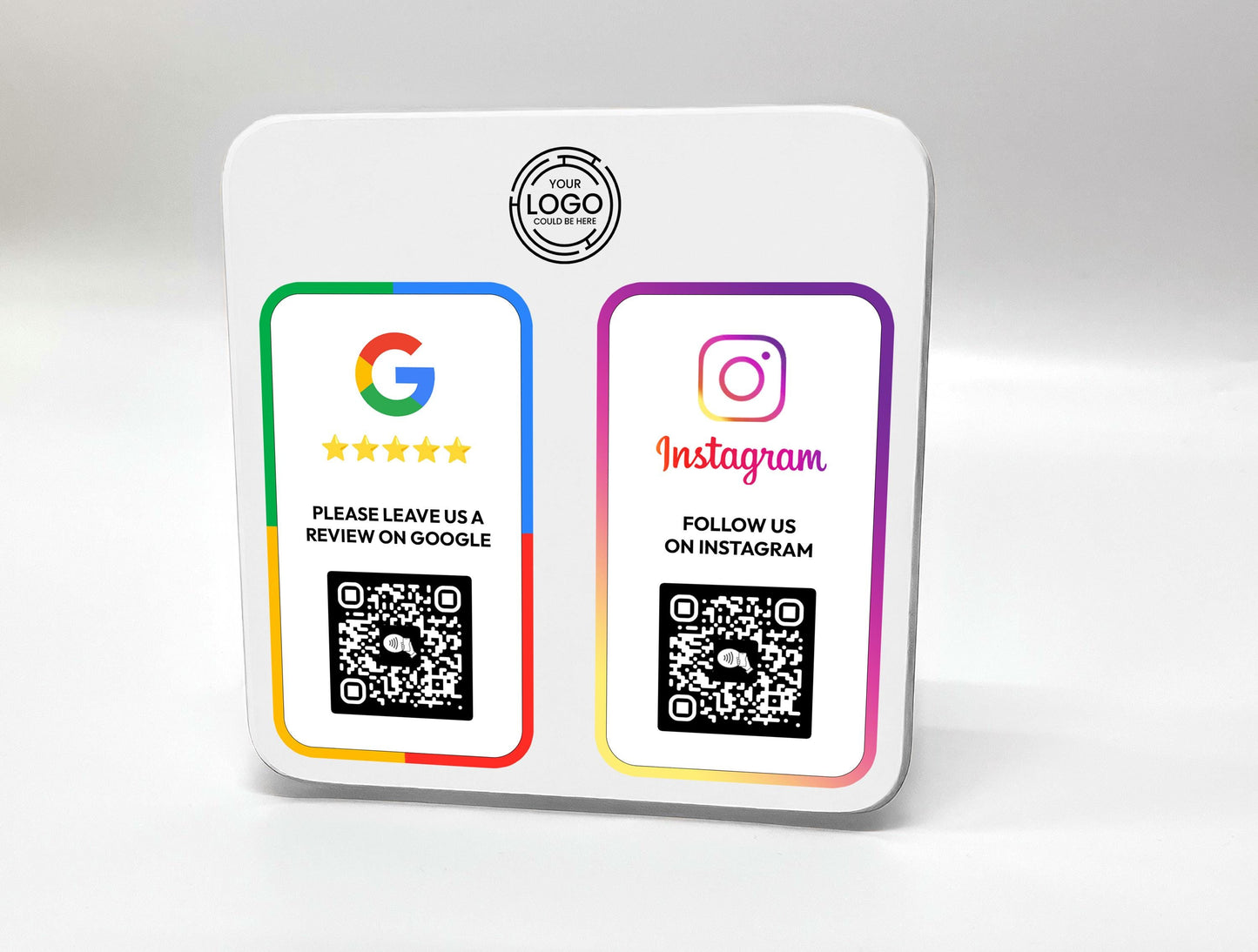 Google and Instagram review QR code plaque for businesses, customizable with any two or more platforms like Trustpilot, TripAdvisor, or website