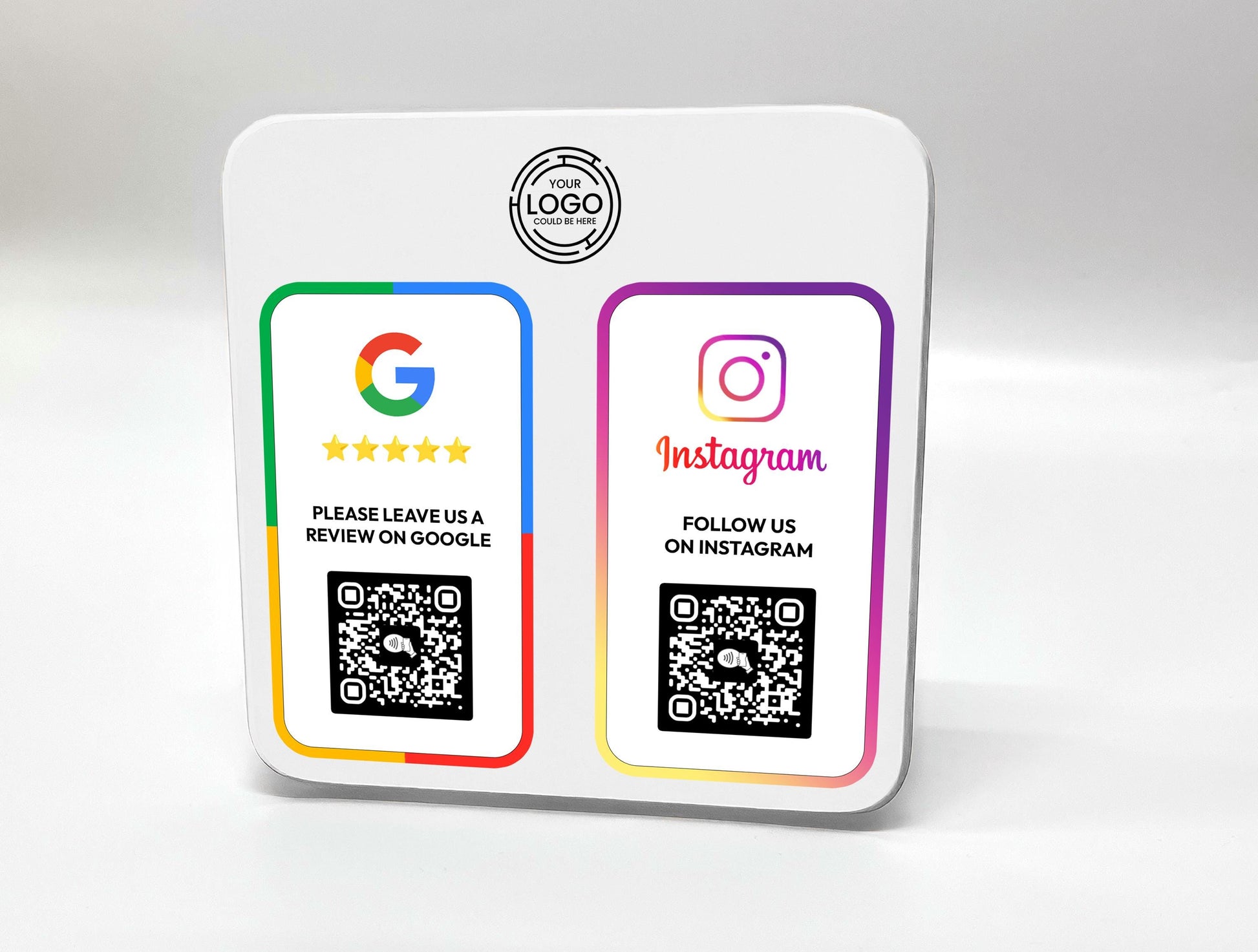 Google and Instagram review QR code plaque for businesses, customizable with any two or more platforms like Trustpilot, TripAdvisor, or website