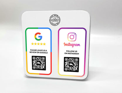 Google and Instagram review QR code plaque for businesses, customizable with any two or more platforms like Trustpilot, TripAdvisor, or website
