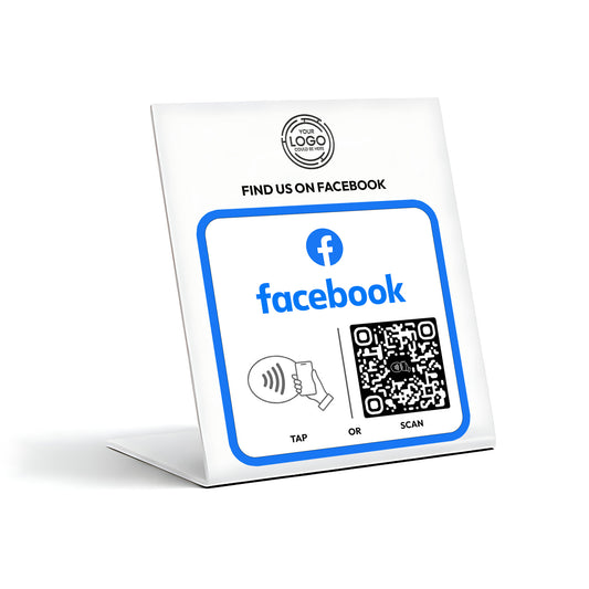 a sign with instructions for using Facebook, including a Facebook logo, a QR code, and a tap or scan option.