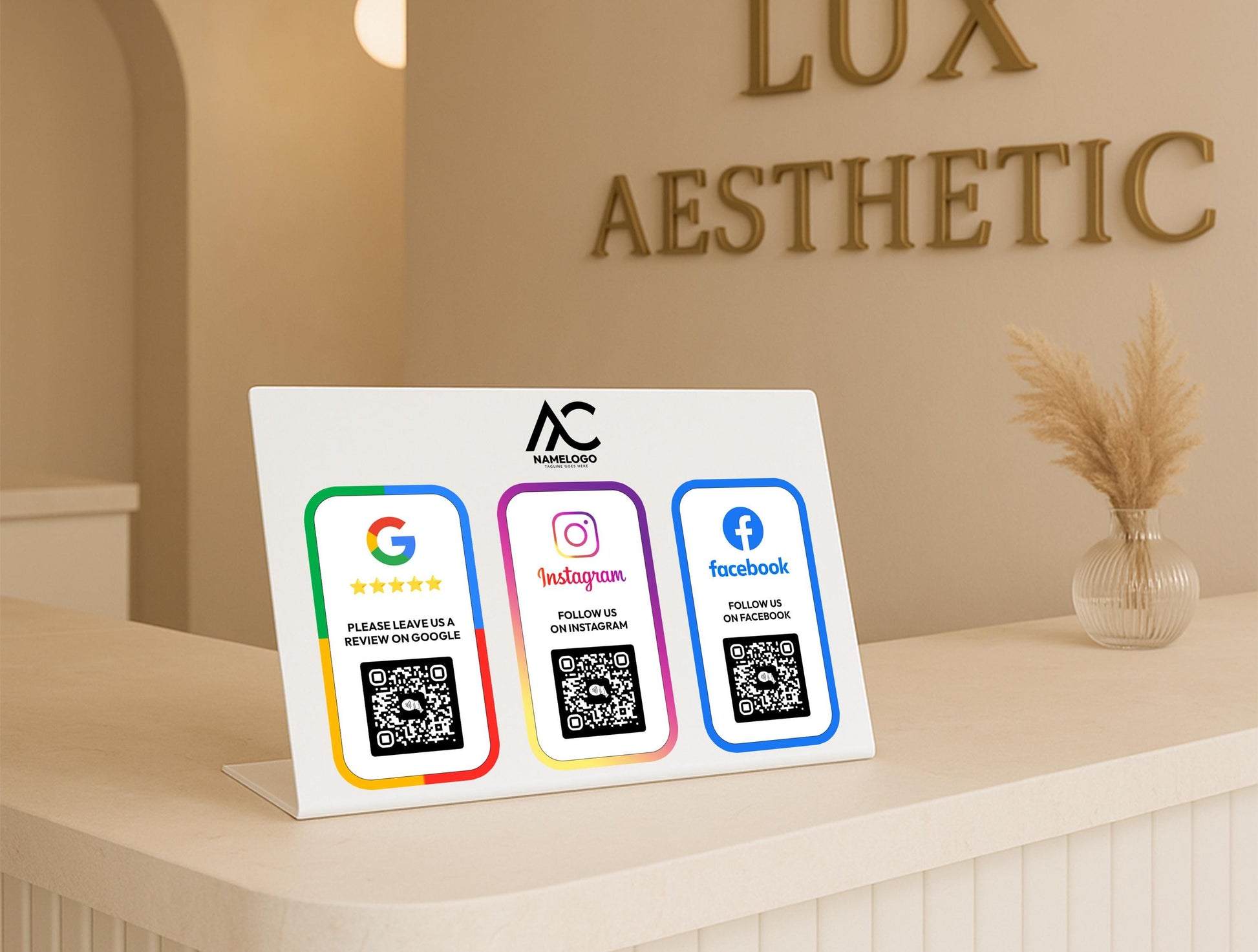 Detailed view of two QR codes printed on acrylic sign – supports customer access to digital links via scan or tap-to-pay