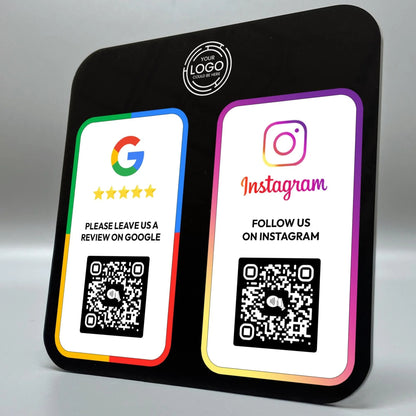 two QR codes, one for Google and one for Instagram, along with instructions for users to leave reviews on these platforms.