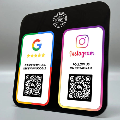 two QR codes, one for Google and one for Instagram, along with instructions for users to leave reviews on these platforms.