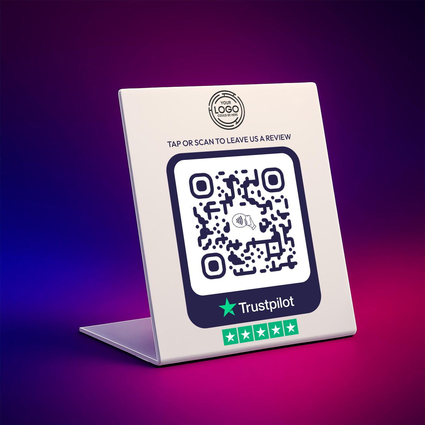 a QR code on a white stand, with a Trustpilot rating sticker below it.