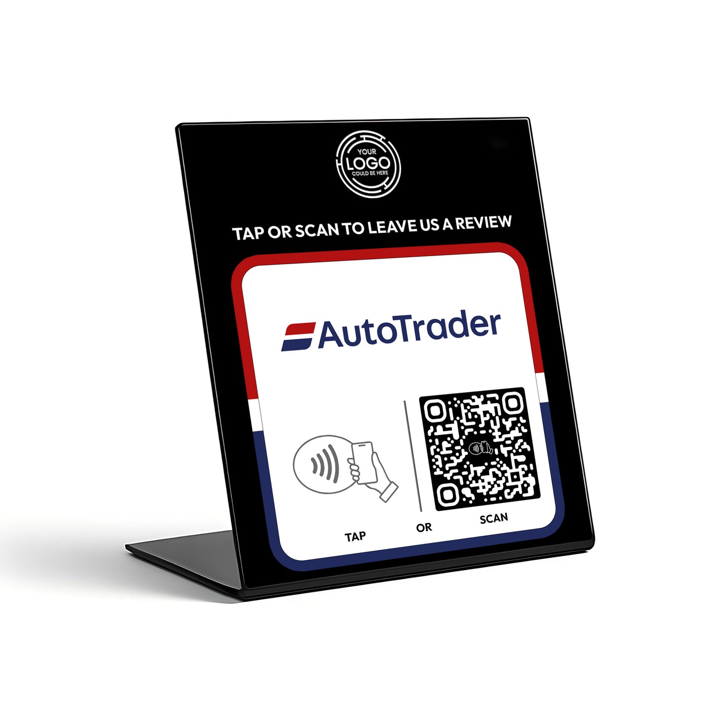 a sign with instructions for using a mobile payment service called AutoTrader. The sign provides two options for payment: tap or scan.