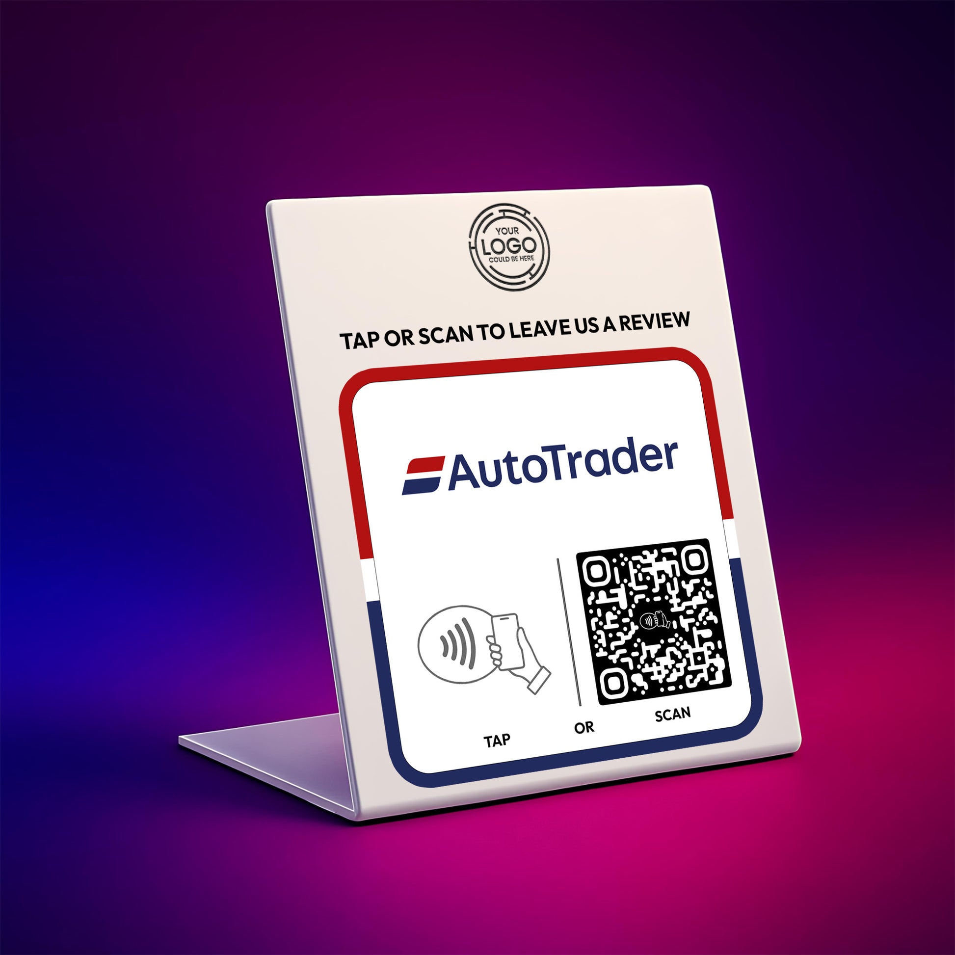a sign for an AutoTrader app, with a QR code and instructions for users to either tap or scan to leave a review.