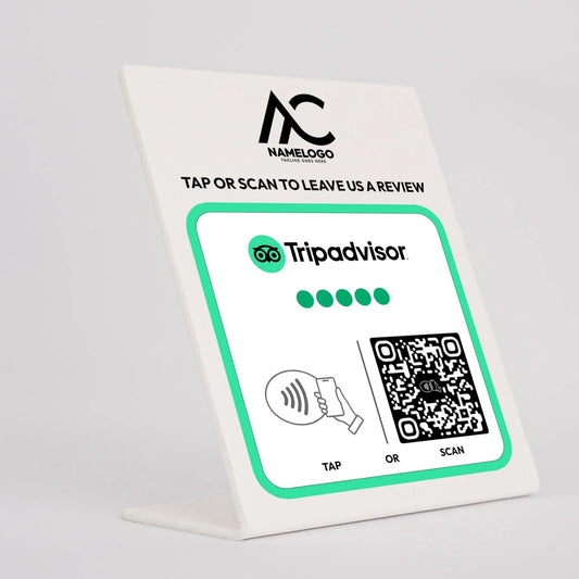 a sign with instructions for a review system, including a QR code and a button for either tapping or scanning.