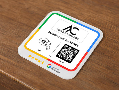 Review Us Sign for Reception or Checkout Counter – 10x10cm Size