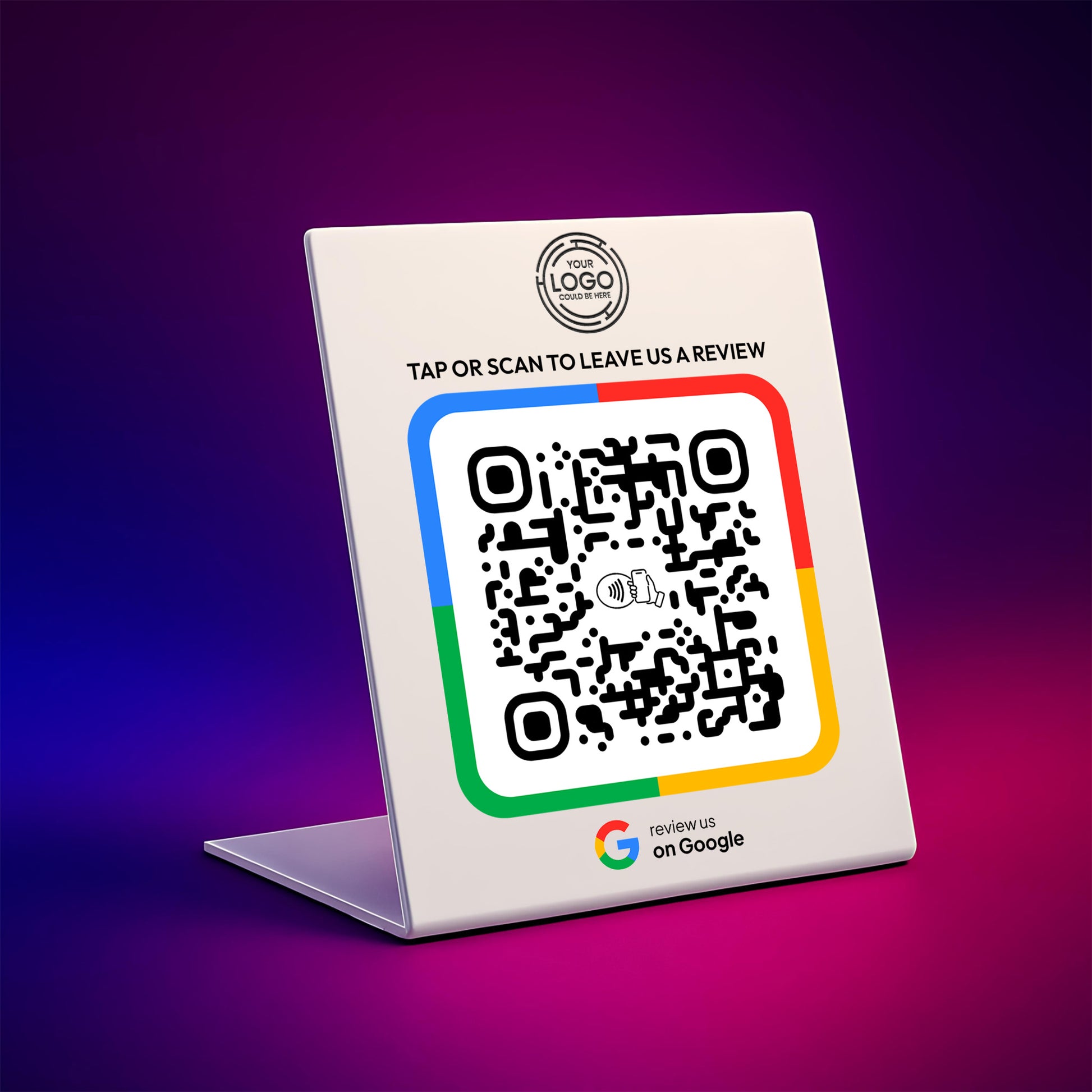 a QR code on a white stand, with a message that reads "TAP OR SCAN TO LEAVE US A REVIEW" and a Google logo at the bottom.
