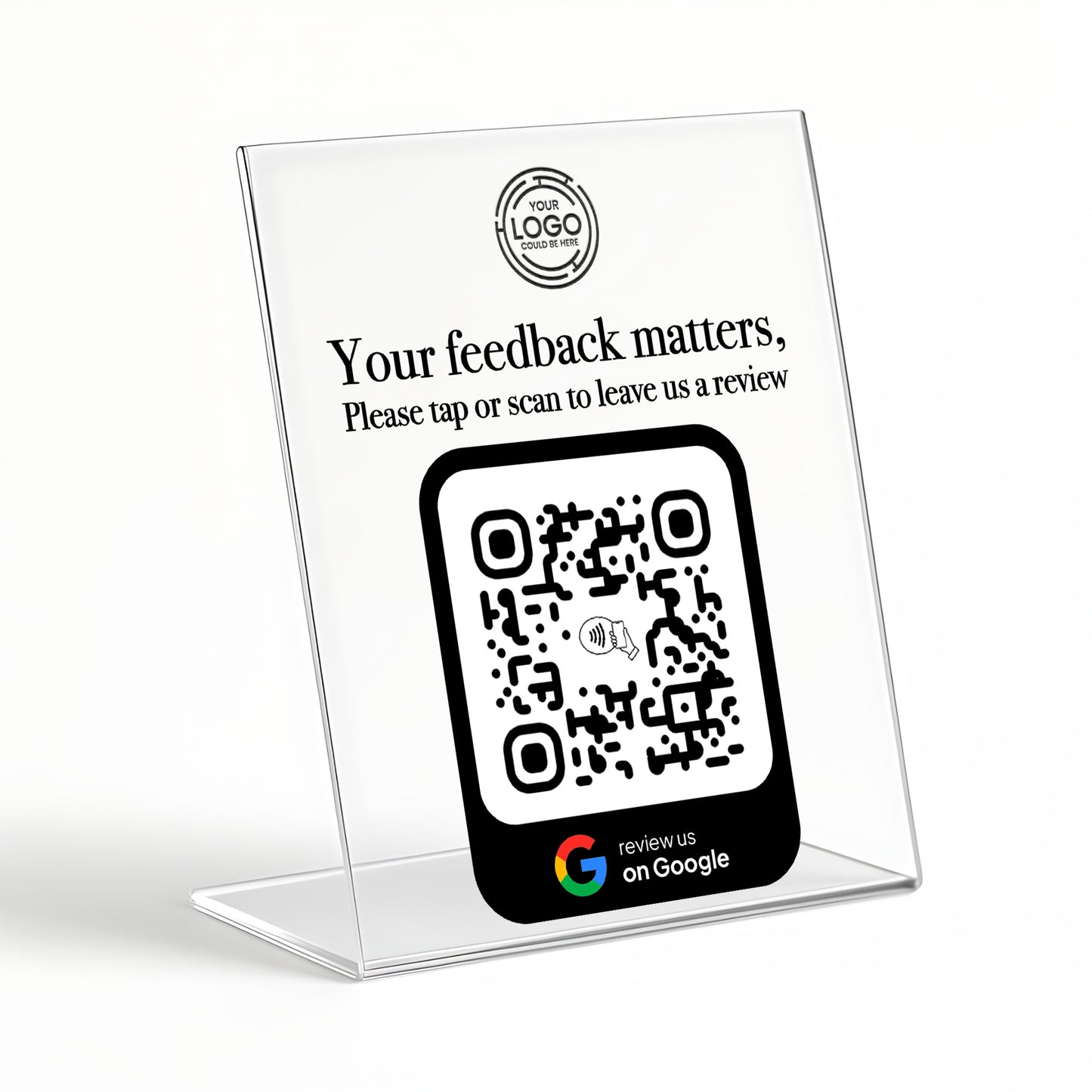 a clear plastic stand with a QR code on it. The QR code is accompanied by a message that encourages users to leave feedback, and there is a Google logo at the bottom of the stand.