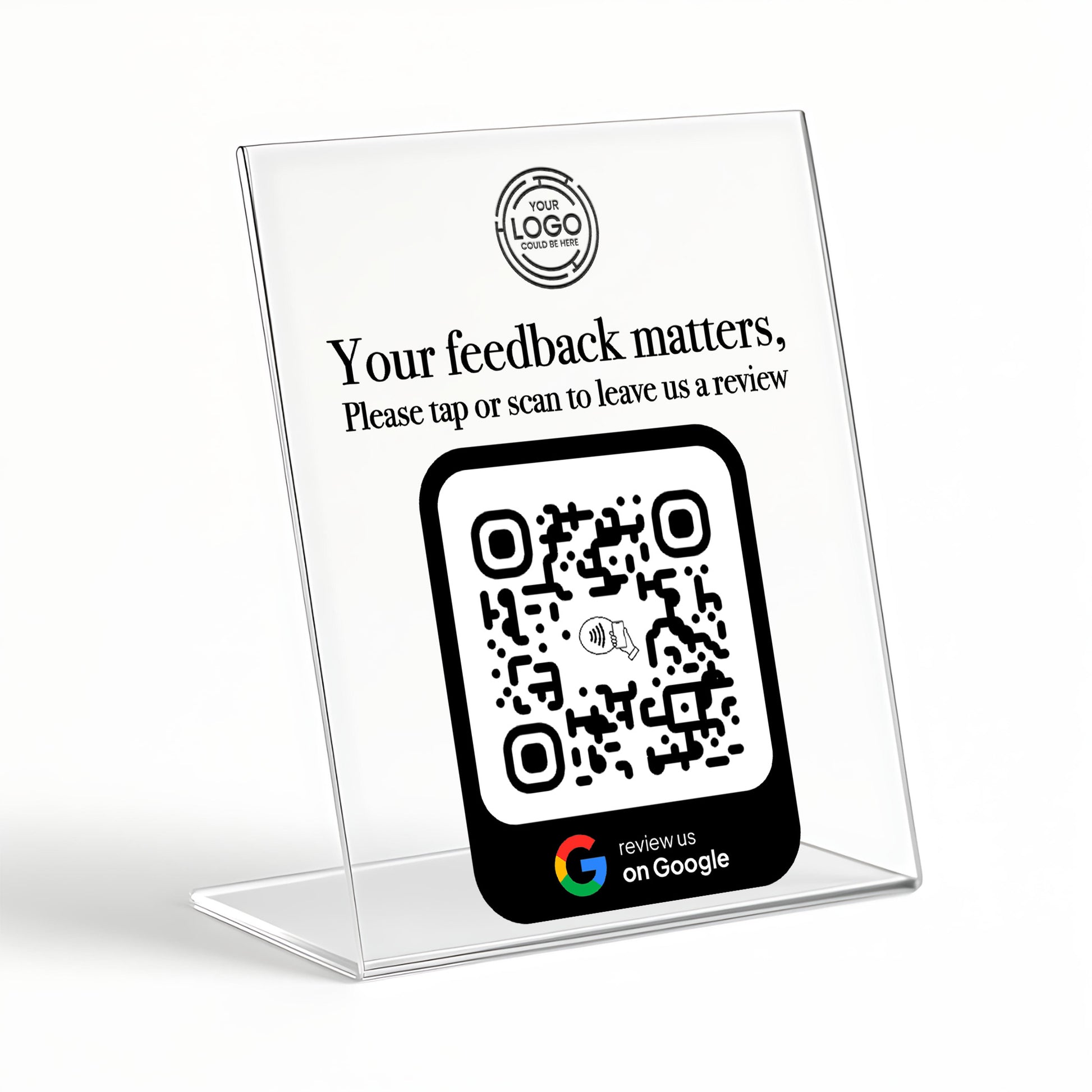 a clear plastic stand with a QR code on it. The QR code is accompanied by a message that encourages users to leave feedback, and there is a Google logo at the bottom of the stand.
