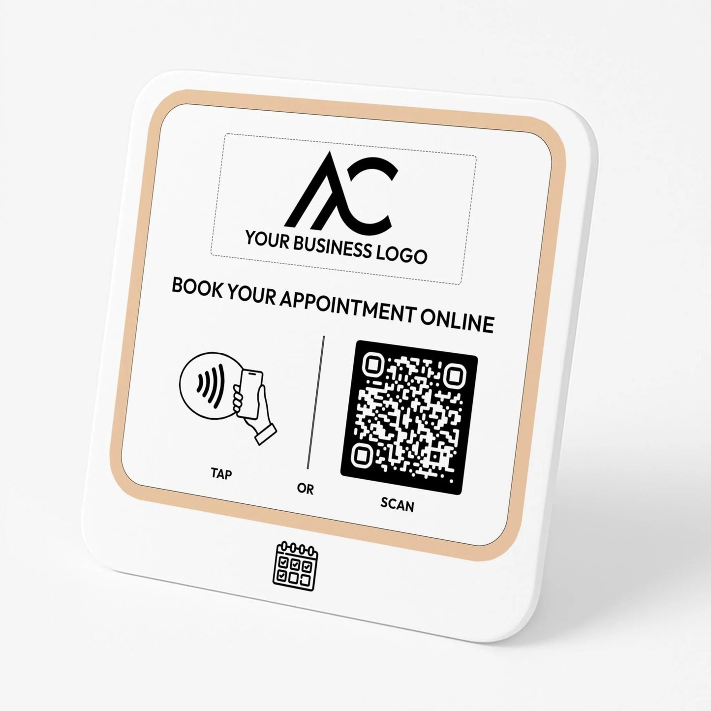 The image is a sign with instructions for booking appointments online. It includes a QR code and a button for either tapping or scanning.