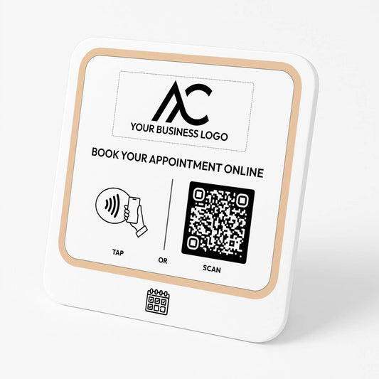 The image is a sign with instructions for booking appointments online. It includes a QR code and a button for either tapping or scanning.