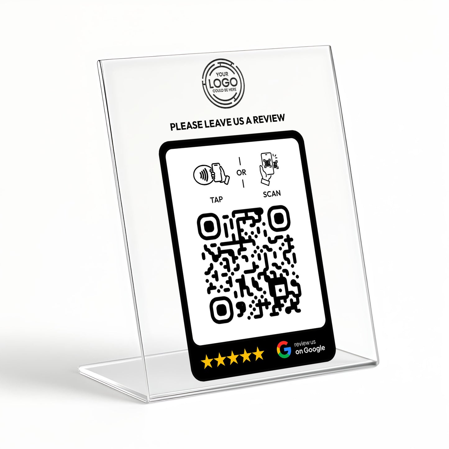 a clear plastic stand with a QR code on it, along with instructions for users to leave a review.