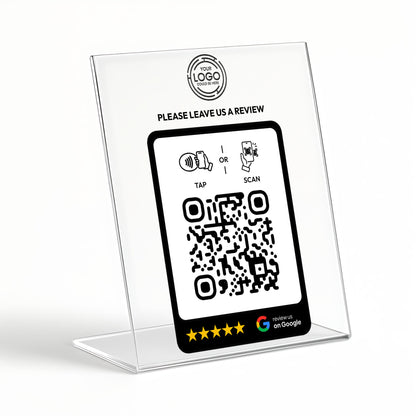 a clear plastic stand with a QR code on it, along with instructions for users to leave a review.