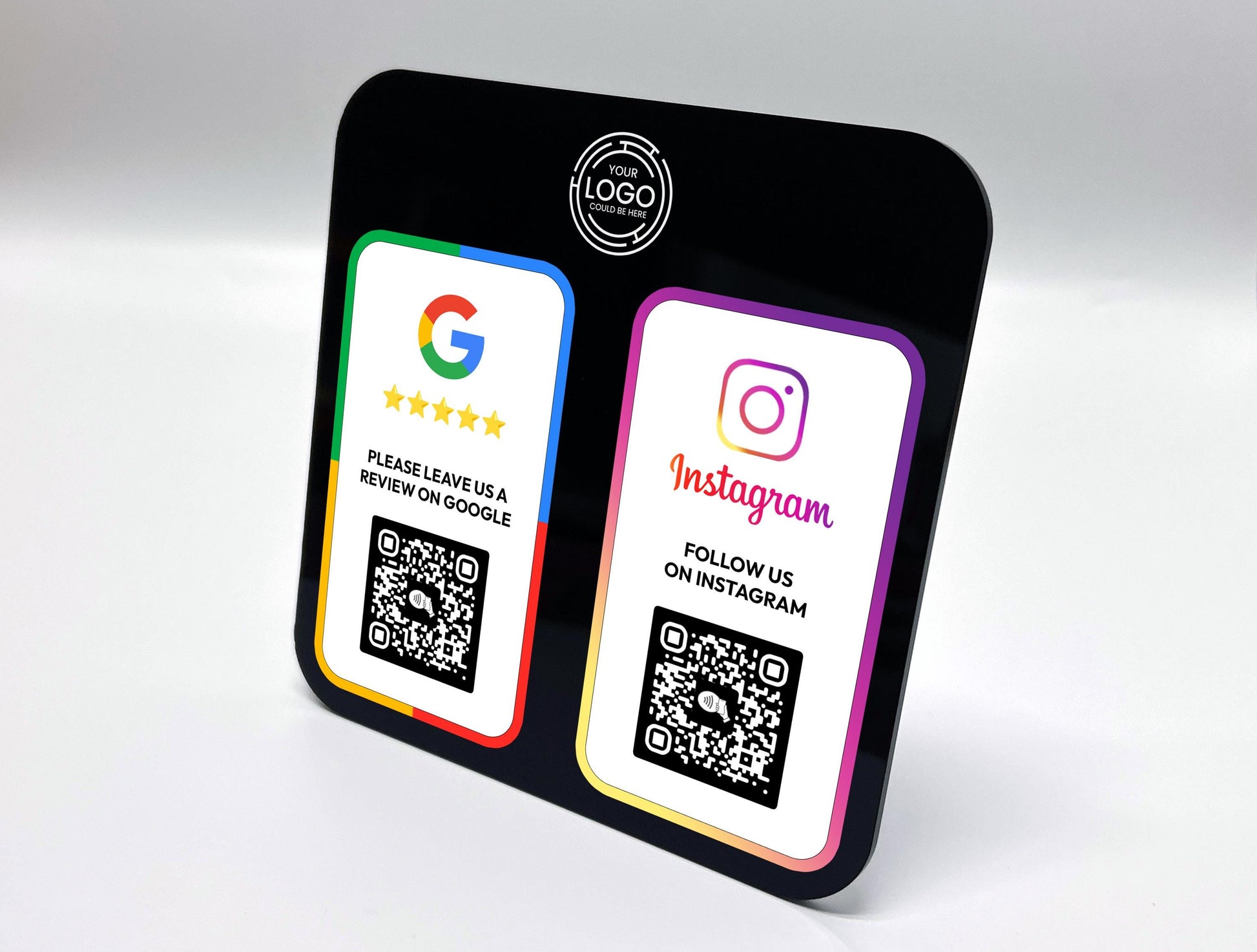 3mm thick black or white acrylic multi-link review plaque with rounded corners and sturdy display stand.